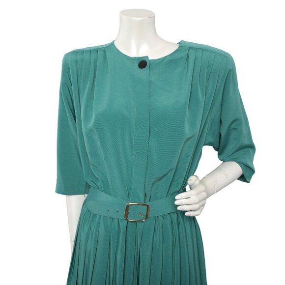 Vintage Joseph Ribkoff Midi Pleated Dress Secretary Geek Green Black Belted 80s - Picture 5 of 13